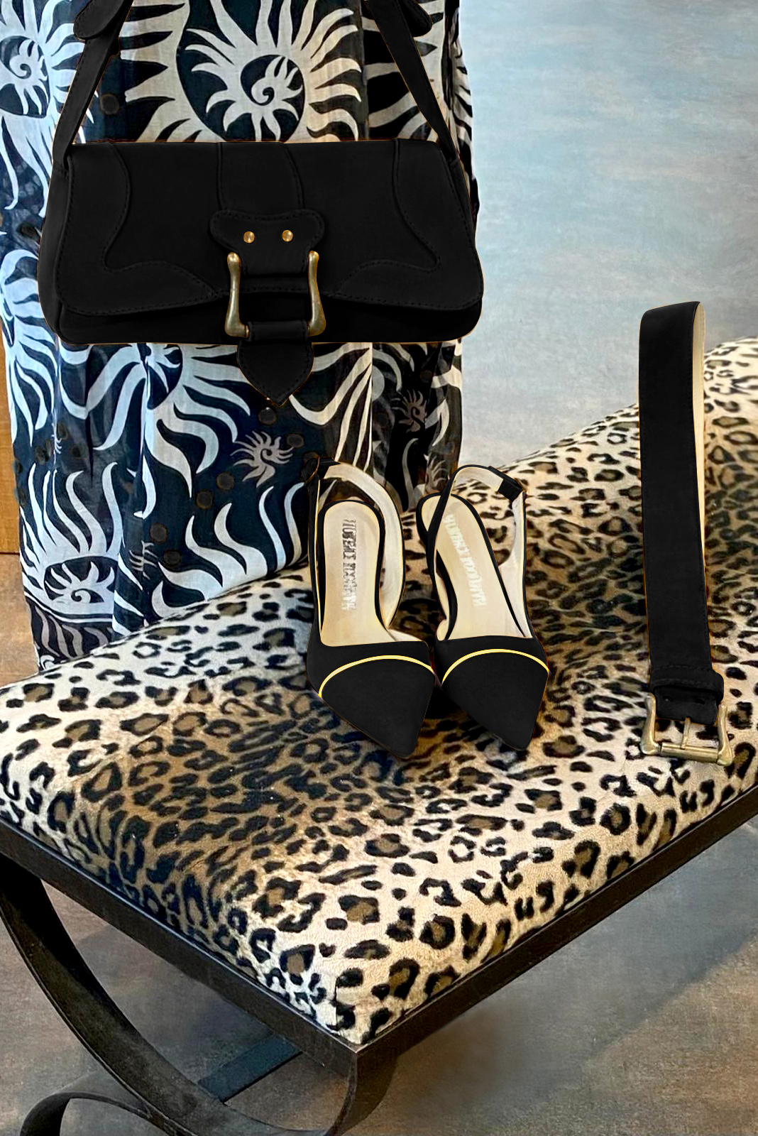 Matt black and gold women's slingback shoes. Pointed toe. Medium spool heels. Worn view - Florence KOOIJMAN
